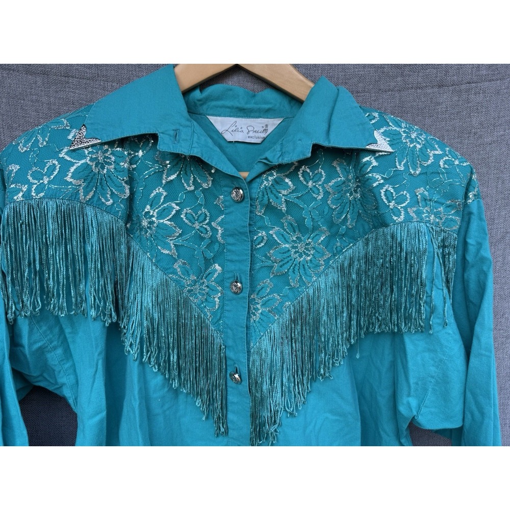 Vtg Lilia Smitty Western Shirt Teal Silver Rose Medium Lace Collar Tip‎ Fringe